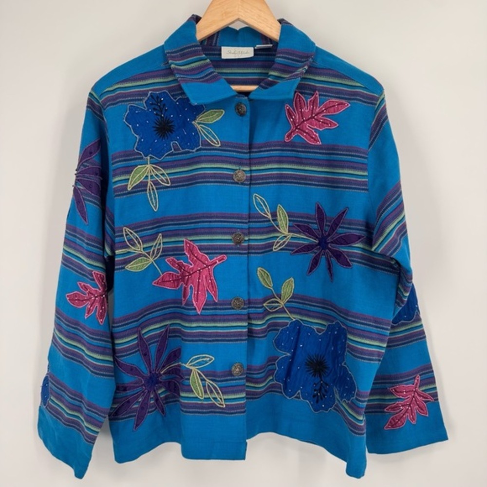 Vintage Blue Floral Jacket Womens L‎ Purple Artsy Maximalist Indie Granny Leaf